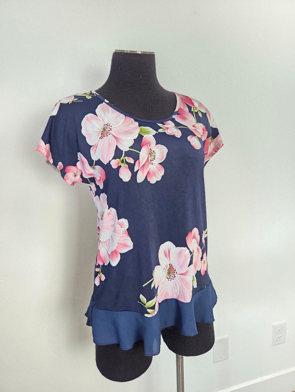 Slinky Floral Blouse Top Navy Blue Pink Ruffle Y2K 90s Coquette Twee Teacher S